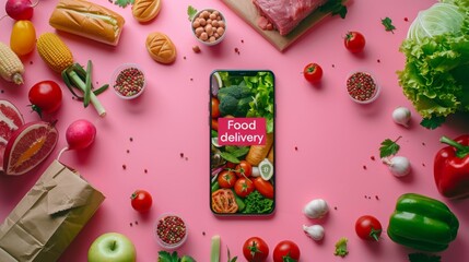 3D mobile phone with food delivery app on the screen, fresh fruits and vegetables on a pink background, fast food delivery, healthy eating