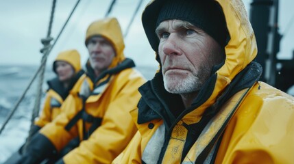 Three people in yellow rain gear on a boat looking out at the ocean with a serious expression.