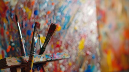 Obraz premium A soft blur of colorful paint splatters and blurred brushes create a vibrant backdrop to the main focus of an artists easel waiting to be filled with a masterpiece. .