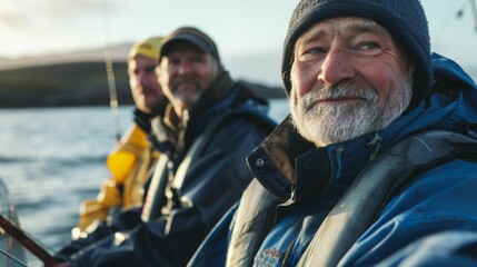 Three men on a boat one with a beard all wearing jackets looking towards the camera with a serene body of water and a distant shore in the background.