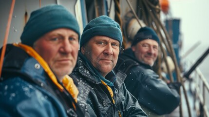 Fototapeta premium Three men in winter attire including hats and jackets sitting on a boat looking at the camera with serious expressions.