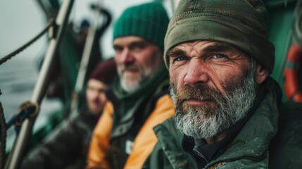 Fototapeta premium Three men with beards wearing life jackets and hoods on a boat in the rain.