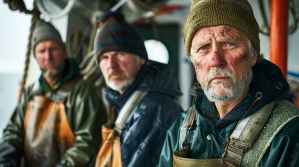 Fototapeta premium Three men with beards wearing life jackets and hoods on a boat in the rain.