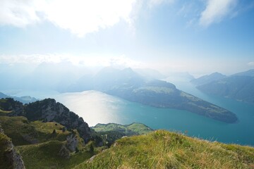 View from the "fronalpstock", a 1921 m above sea level high mountain in the Schwyzer Alps in the canton of Schwyz in Switzerland to the lake lucerne.