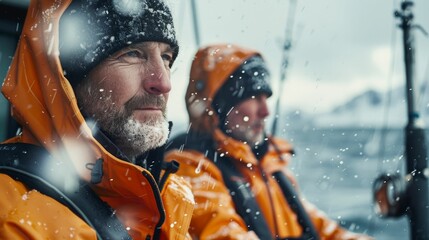 Two men in orange jackets and black hats sitting on a boat in the rain looking out at the ocean.