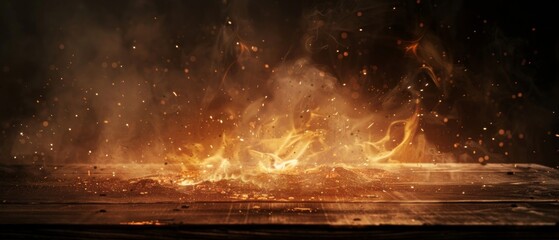 wooden table with Fire burning at the edge of the table, fire particles, sparks, and smoke in the air, with fire flames on a wood