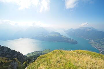 View from the "fronalpstock", a 1921 m above sea level high mountain in the Schwyzer Alps in the canton of Schwyz in Switzerland to the lake lucerne.