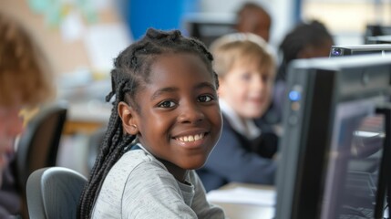 Young girl with braided hair smiling at camera sitting in front of computer screen in classroom setting with other students.