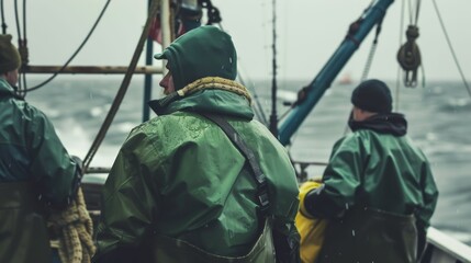 Obraz premium Three men in green rain gear on a boat in rough seas facing the horizon.