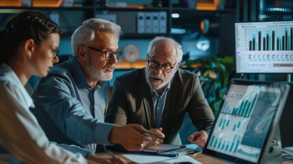 A focused business team analyzing financial data on a computer screen in a modern office, highlighting collaboration and strategic planning