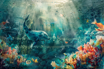 Obraz premium A beautiful underwater scene with a dolphin swimming through a coral reef. The water is crystal clear and the sun is shining brightly,