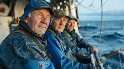 Fototapeta premium Three elderly men dressed in blue rain gear sit on a boat looking out at the ocean with a sense of calm and experience.