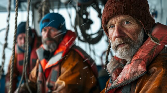 Three weathered men in orange Ife jackets and knit caps sitting on a boat looking into the distance with serious expressions.