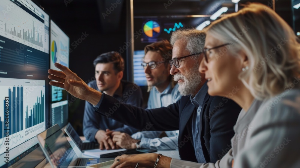 Poster a focused business team analyzing financial data on a computer screen in a modern office, highlighti