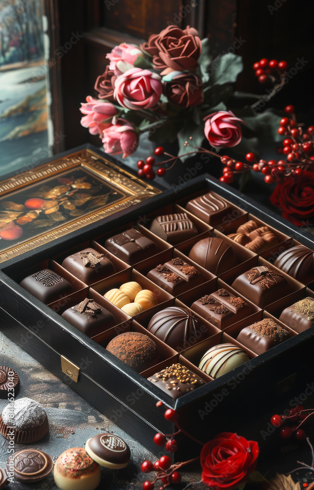Poster a box of assorted chocolates sits on a table next to a vase of red roses