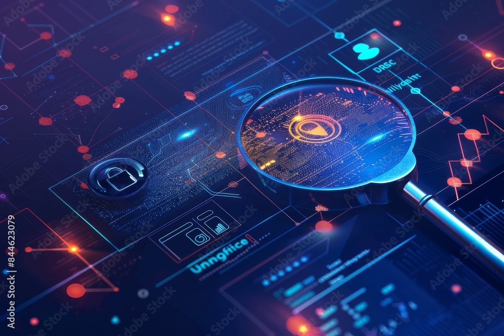 Poster a detailed and colorful illustration of a magnifying glass inspecting a digital interface, represent