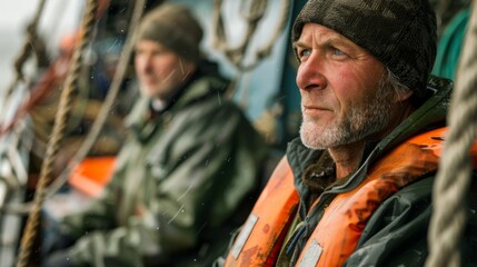 Two men on a boat one with a beard both wearing life jackets looking out at the water.