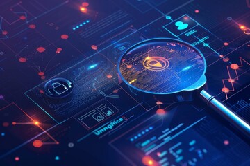 A detailed and colorful illustration of a magnifying glass inspecting a digital interface, representing the concept of cybersecurity and data analysis