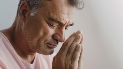 Obraz premium A man with graying hair closed eyes and a somber expression clasping his hands together in a gesture of prayer or reflection.