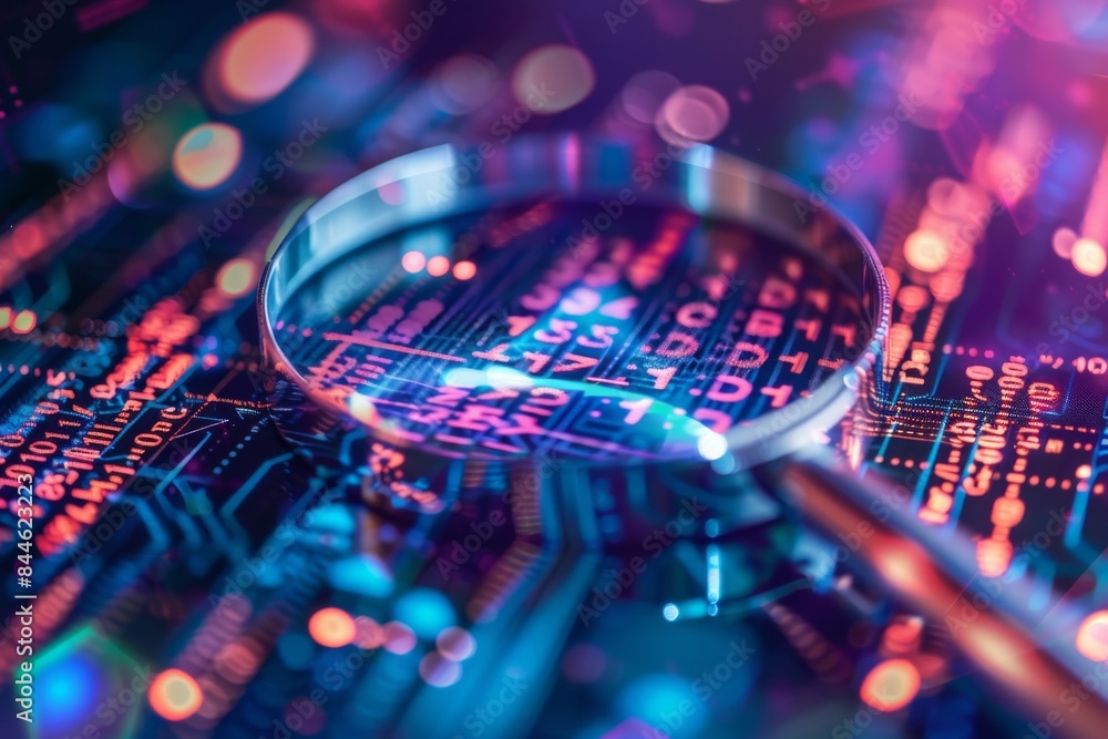 Poster a detailed and colorful illustration of a magnifying glass inspecting a digital interface, represent