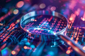 A detailed and colorful illustration of a magnifying glass inspecting a digital interface, representing the concept of cybersecurity and data analysis