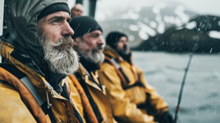 Obraz premium Three bearded men in yellow jackets and hats sitting on a boat looking out at a snowy mountain and a body of water with snowflakes falling around them.