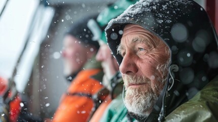 An elderly man with a white beard and blue eyes wearing a black hooded jacket looking out of a window with snowflakes falling around him.
