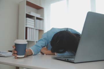 Tired teen girl rubbing dry irritable eyes feel eye strain tension migraine after computer work,...