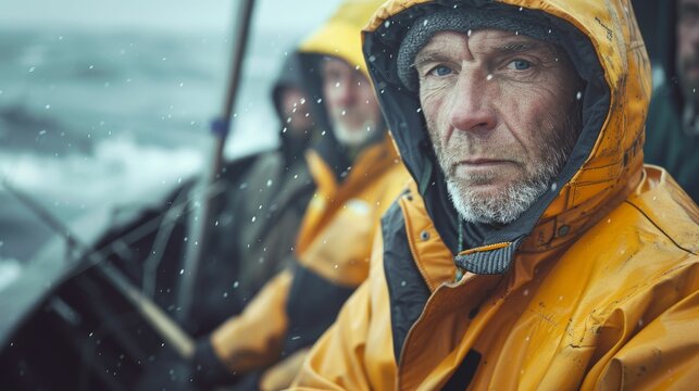 A man with a weathered face wearing a yellow raincoat sits on a boat in the rain looking off into the distance with a serious expression.