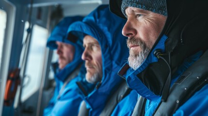 Three men in blue jackets and hats looking out of a window possibly on a boat with a serious expression.