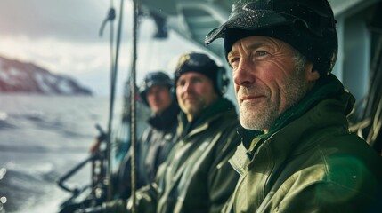 Obraz premium A man in a green jacket and black hat with a beard sitting on a boat looking out at the ocean with two other men in the background wearing similar attire and a mountainous landscape in the distance.