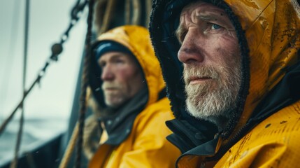 Two weathered men in yellow rain gear one with a beard looking out into the distance on a boat possibly at sea.