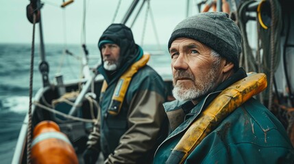 Obraz premium Two weathered fishermen on a boat looking out at the ocean dressed in heawy' jackets and hats with a lifebuoy and a wooden oar nearby.