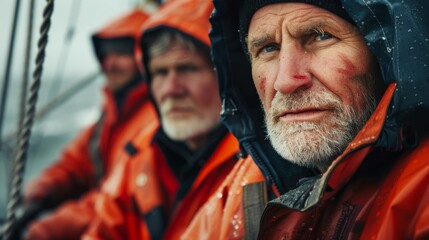 A trio of weathered bearded men in orange rain gear with one looking directly at the camera on a boat in a stormy sea.