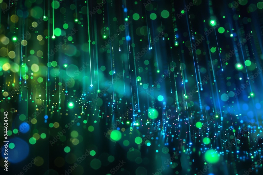 Poster an abstract image of glowing digital light streams in vibrant green and blue hues, representing tech