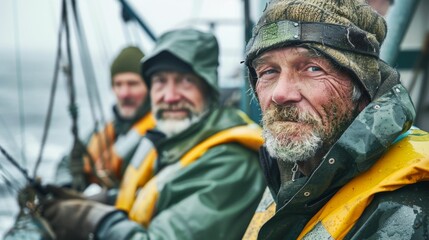 Obraz premium Three weathered men in rain gear one with a beard seated on a boat looking into the distance possibly at the sea.