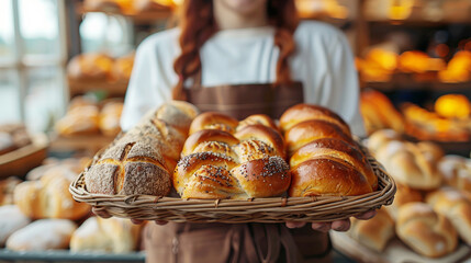 Close up woman chef holding homemade bread bakery in basket with various bread freshly baked in cafe and coffee shop