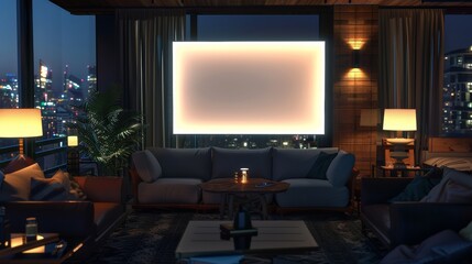 Cozy living room with city view, featuring large glowing TV screen, modern furniture, warm lighting, and a relaxing ambiance at night.