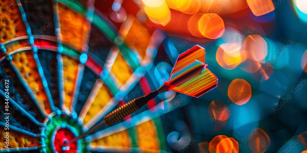 Poster dart hitting the bullseye on a colorful dartboard with vibrant bokeh lights in the background, repre