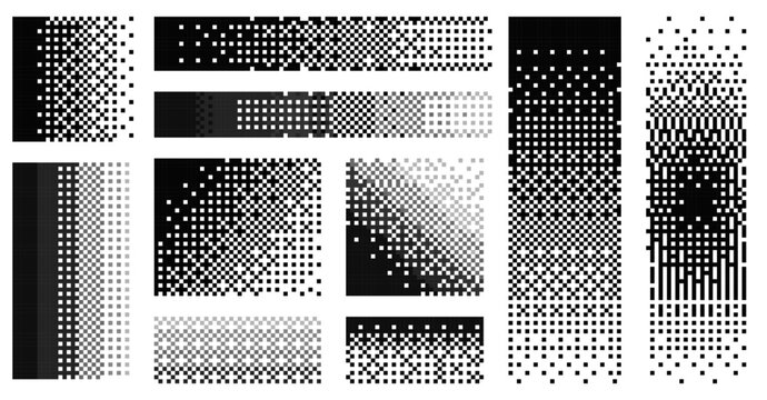 Pixel disintegration background. Retro 8 bit game effect, old TV screen damage, 2D sprite graphic. Vector dithering and noise dissolve effect