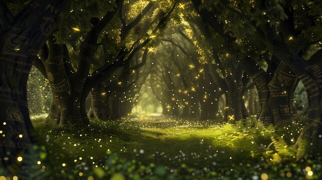 An enchanted forest clearing, with trees holding engraved knowledge, fireflies guiding to ancient secrets.