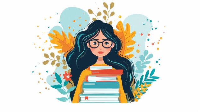 An illustration of a young woman sitting on a stack of books, deeply engrossed in reading, surrounded by a whimsical, leafy backdrop