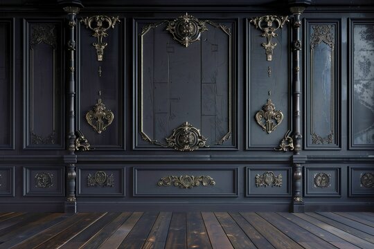 Black panelled gothic wall, dark academia backdrop.