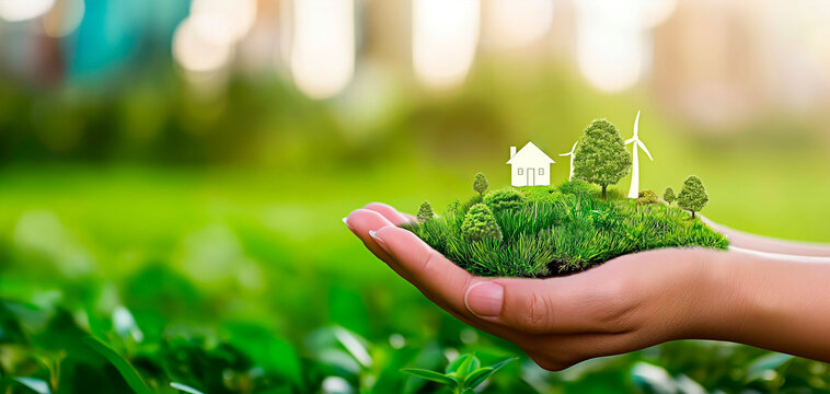 Hand holding eco-friendly miniature community. Concept of green energy model and sustainable living.