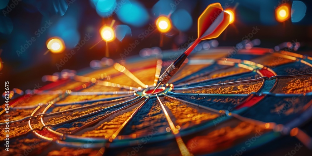 Poster dart hitting the bullseye on a colorful dartboard with vibrant bokeh lights in the background, repre