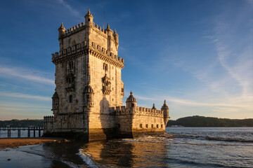 Belem Tower or Tower of St Vincent - famous tourist landmark of Lisboa and tourism attraction - on...