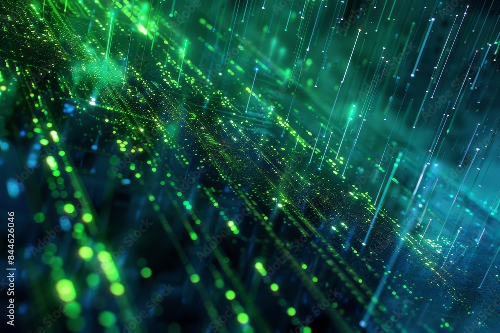 Poster an abstract image of glowing digital light streams in vibrant green and blue hues, representing tech