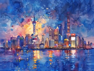 Abstract cityscape artwork, watercolor texture, digital painting