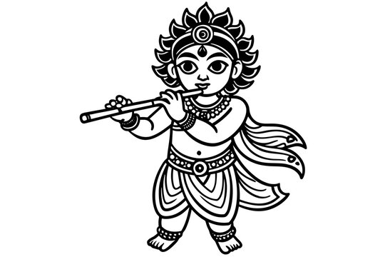 black and white krishna playing flute clip art preview