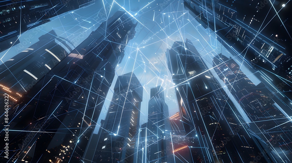 Aufkleber futuristic cityscape with sleek skyscrapers interconnected by a web of trunk lines, showcasing the e